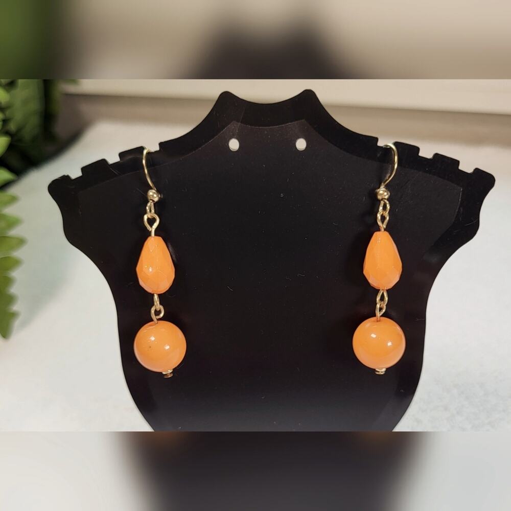 Gold Tone Orange Dangle Earrings - Lightweight Beaded - Picture 3 of 8